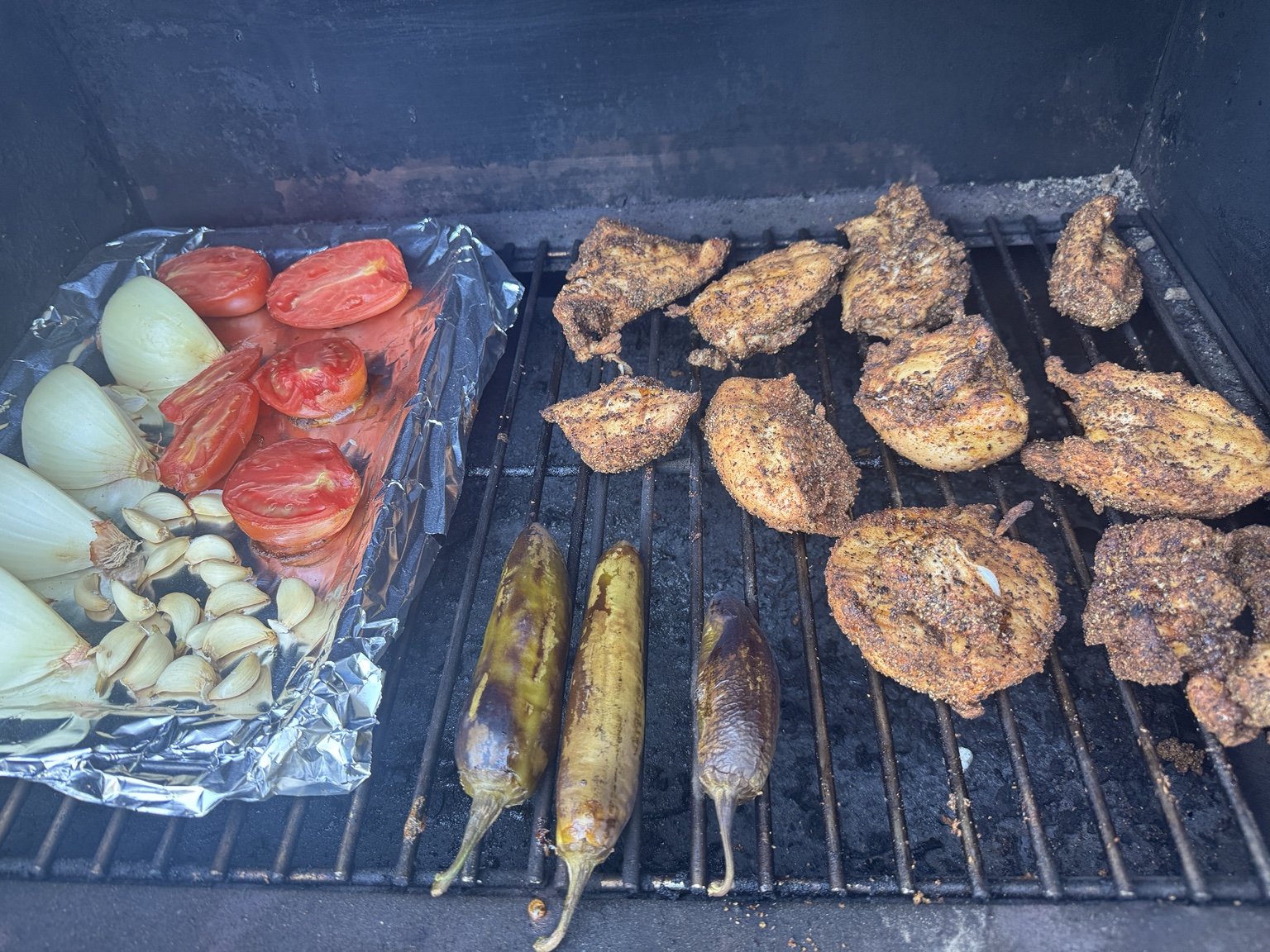 Smoked seasoned chicken with charred tomatoes, onions, garlic and Anaheim peppers