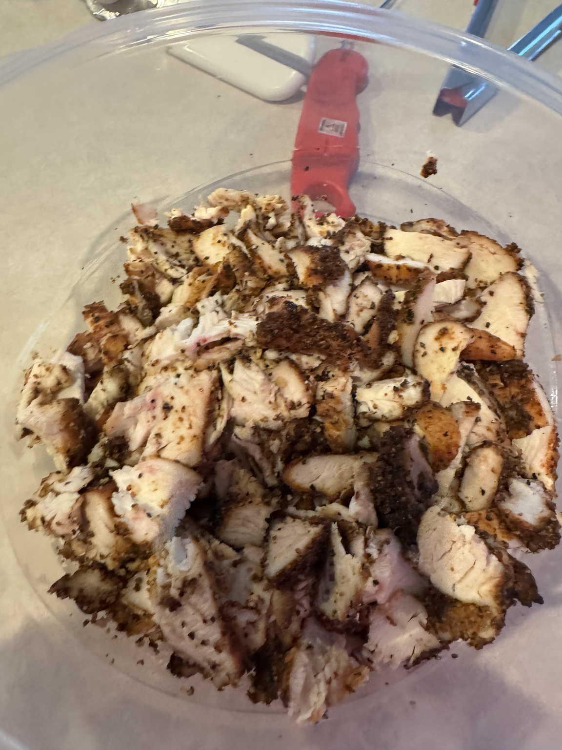 Chopped smoked chicken ready for enchilada filling