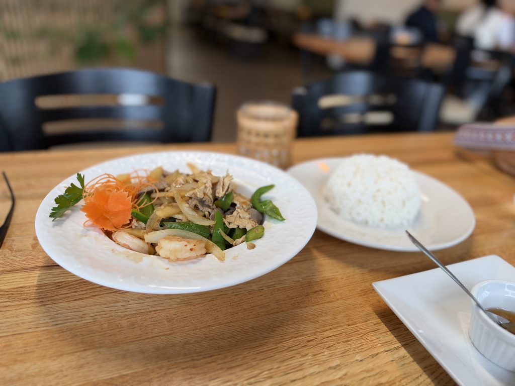 Triple Delight stir-fry with chicken, beef, shrimp and jasmine rice at Hoang Khao