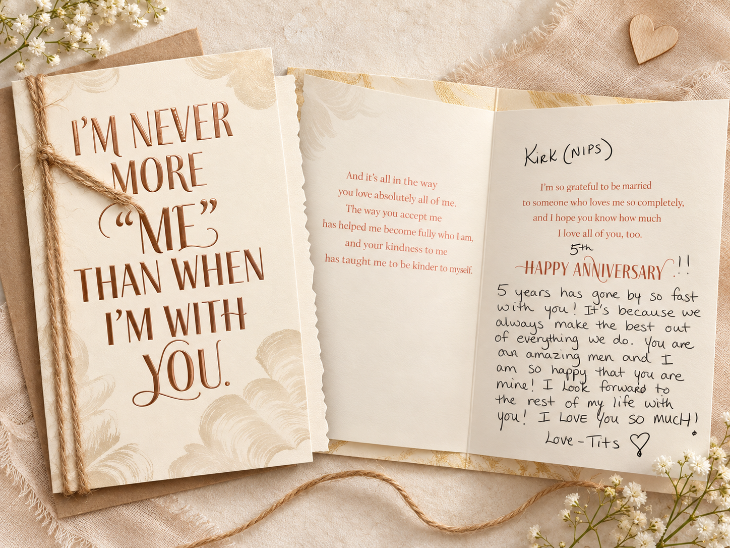 Styled keepsake of Kirk and Kim’s fifth anniversary card