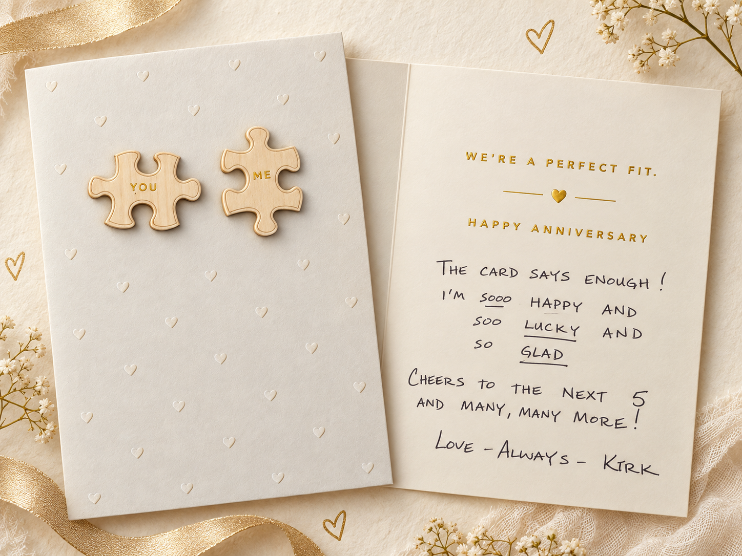 Styled keepsake of Kirk and Kim’s fifth anniversary card